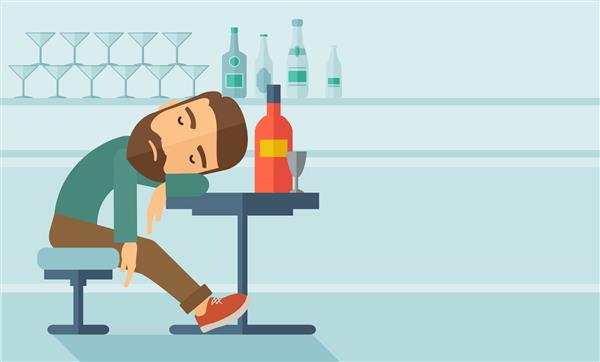 یک مرد مست نشسته روی میز با یک بطری آبجو در داخل میخانه به خواب می رود مفهوم بیش از حد نوشیدنی سبکی معاصر با پالت پاستلی با رنگ زمینه آبی ملایم طرح مسطح وکتور