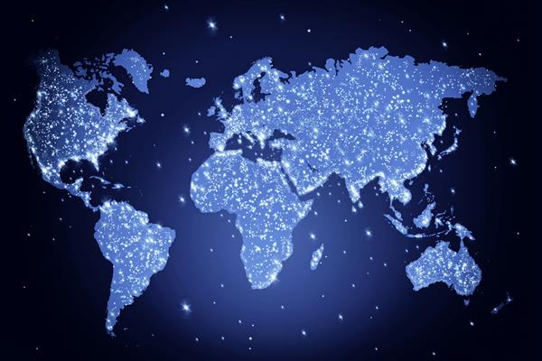 نقشه جهان آبی در شب با چراغ - تصویر انتزاعی