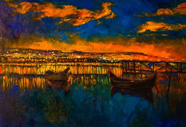 نقاشی اصلی روغن روی بوم قایق ها و چراغ های شهر امپرسیونیسم مدرن توسط نیکولوف