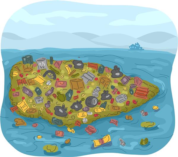 تصویر یک تکه زباله پر از زباله در میانه اقیانوس