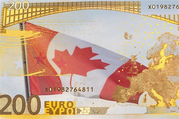 سی ای تی ای - توافق نامه جامع اقتصادی و تجاری - پرچم کانادا در پشت اسکناس نیمه شفاف یورو