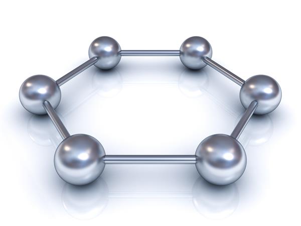 مدل ساختار مولکولی شش ضلعی سه بعدی جدا شده روی پس زمینه سفید با بازتاب و سایه