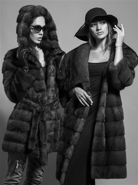 عکس مد دو دختر زیبا سبزه و بلوند در آتلیه در زمینه خاکستری با عینک آفتابی کلاه سیاه و کت خز الهام خرید عکس تک رنگ سیاه و سفید