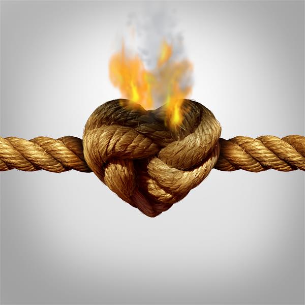 طلاق و مفهوم جدایی به عنوان طنابی با گره سوزان به شکل قلب عشق به عنوان نماد مشکل رابطه یا نماد بحران خیانت بین زن و شوهر