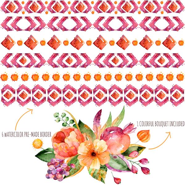 ست آبرنگ 6 حاشیه آبرنگ برای ترکیبات خودتان 1 دسته گل پاییزی رنگارنگ با برگ های پاییز گل انار توت و پر حاشیه های تزئینی آبرنگ تزئینی