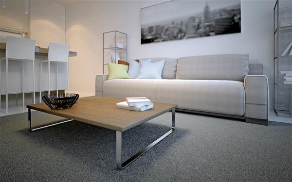 طراحی اتاق استراحت اسکاندیناوی میز ساده روی فرش پرز ضخیم جلوی مبل لات کیهانی با بالش های رنگی رندر سه بعدی