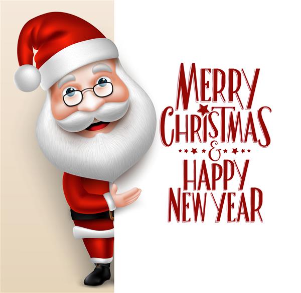شخصیت کارتونی سه بعدی واقع گرایانه بابانوئل که نشانگر کریسمس مبارک است و در فضای خالی نوشته شده است تصویر برداری