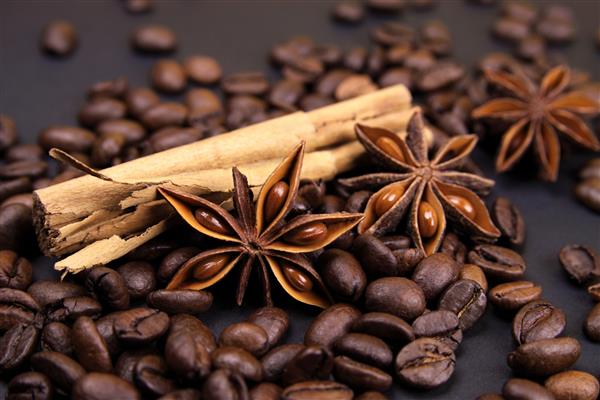 دانه های قهوه چوب دارچین و انیسون ستاره ای