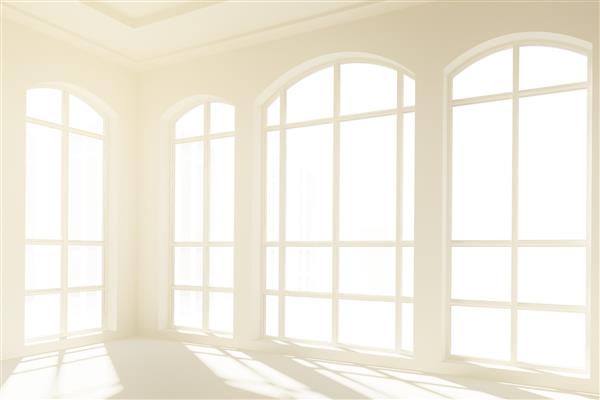 رندر سه بعدی داخلی آفتابی سفید با پنجره های بزرگ