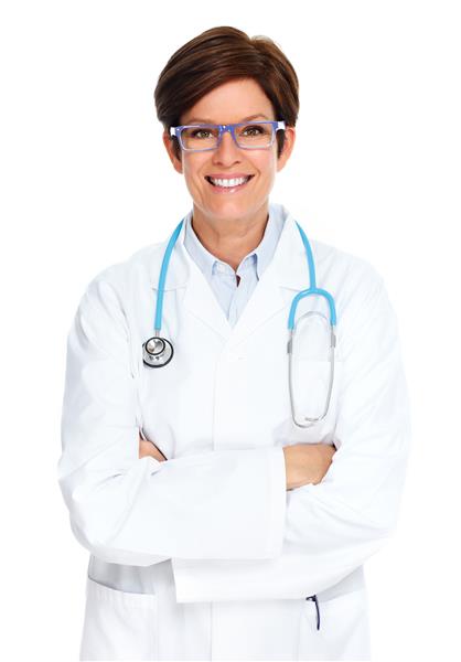 زن پزشک بالغ که در پس زمینه سفید جدا شده است