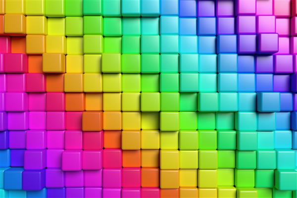 طرح مفهومی انتزاعی دیوار پس زمینه گرافیکی رنگارنگ انتزاعی ساخته شده از مکعب های رنگی در نمای جلو تصویر سه بعدی