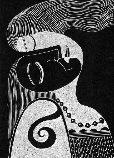 تصویر سفید ساده روی سیاه - نقاشی تزئینی یک زن در خواب