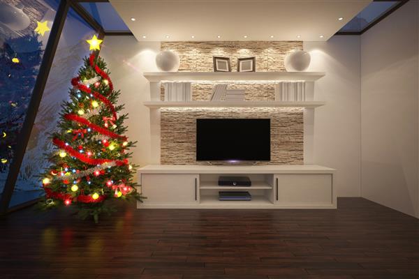 درخت کریسمس در یک فضای داخلی لوکس با واحد تلویزیون