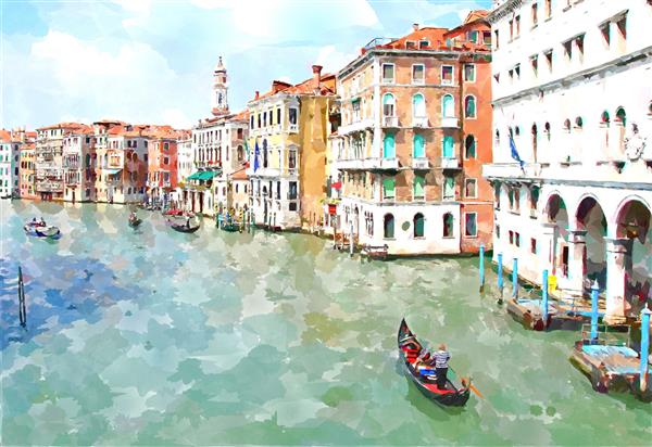 نقاشی دیجیتالی آبرنگ از کانال اصلی آب خانه ها و گوندولاها در ونیز ایتالیا آ