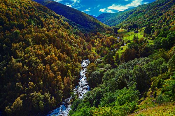 چشم انداز نروژ با رودخانه کوه و جنگل پاییزی