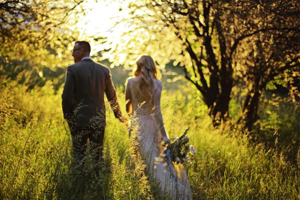 زن و شوهر عاشق هیپستر با لباس عروس و کت و شلوار در زمین سبز در جنگل