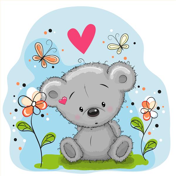 عروسک خرس ناز با گلها و پروانه ها روی علفزار