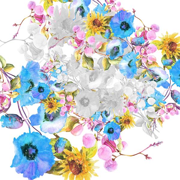 دسته گل زیبای آبرنگ از گلهای تابستانی روشن روی پس زمینه سفید