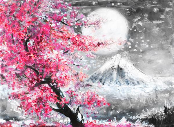 منظره نقاشی رنگ روغن با ساکورا و کوه تصویرگری با دست ژاپن