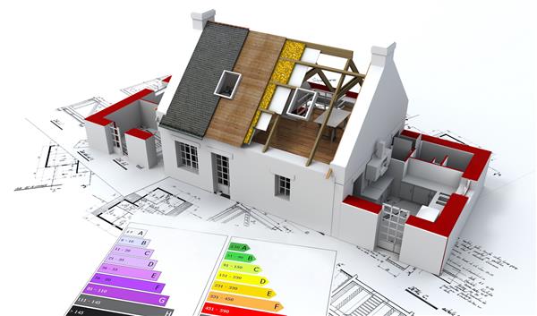 ارائه سه بعدی یک خانه در ساخت و ساز در بالای طرح با نمودار رتبه بندی و بهره وری انرژی