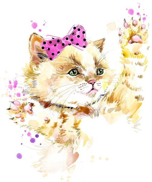 عکس آبرنگ بچه گربه ناز برای چاپ مد پوستر پارچه طراحی مد