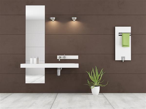 سرویس بهداشتی مینیمالیستی قهوه ای با دستشویی سفید و رادیاتور روی دیوار - سه بعدی