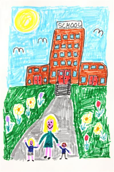 نقاشی کودکانه یک مادر و فرزندانش در بیرون از مدرسه در یک روز آفتابی
