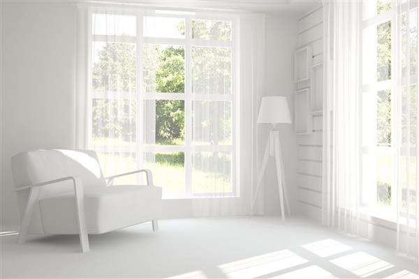 اتاق سفید با صندلی راحتی و فضای سبز در پنجره تصویر سه بعدی