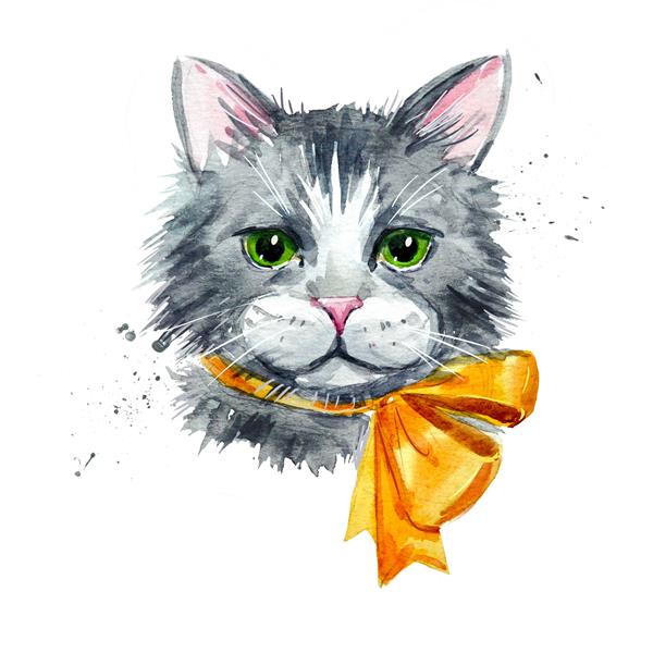 گربه چاپ آبرنگ با چشمانی سبز