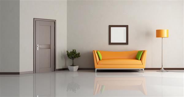 اتاق نشیمن مدرن با کاناپه نارنجی و درب چوبی