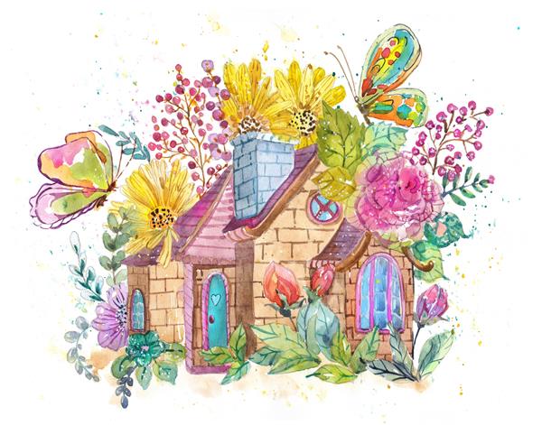 خانه و گل های آبرنگ برای طراحی زیبا