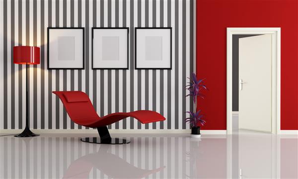 صندلی مدرن قرمز در ارائه اتاق نشیمن مینیمالیستی