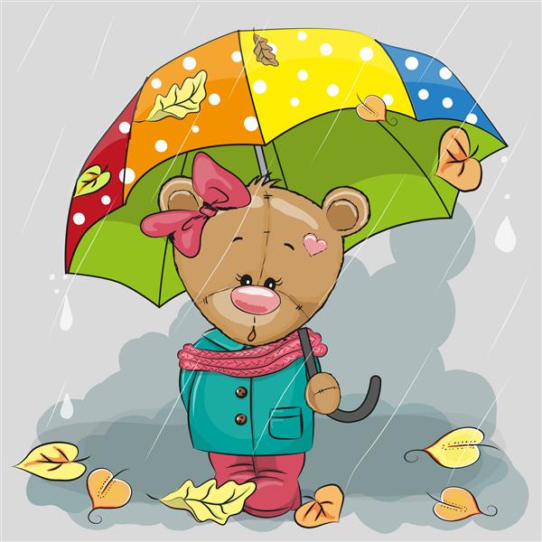 خرس کارتونی ناز با چتر زیر باران