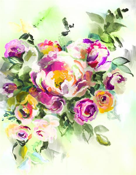دسته گل زیبا و مجلل انتزاعی از رنگ های مختلف گل در پس زمینه سفید اکریلیک روی کاغذ