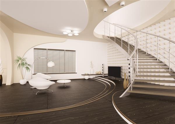 فضای داخلی مدرن اتاق نشیمن با راه پله سه بعدی رندر
