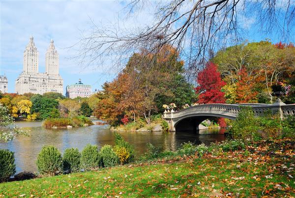چشم انداز پارک مرکزی منهتن شهر نیویورک در دریاچه پاییز با آسمان خراش های پل و درختان رنگارنگ با بازتاب