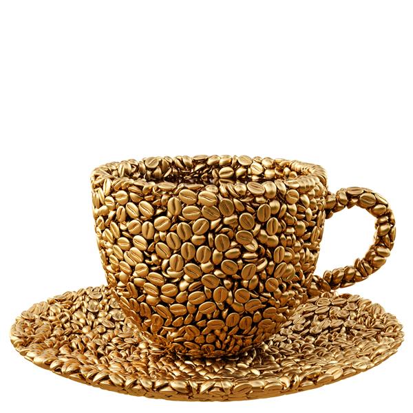 فنجان و نعلبکی از دانه های قهوه طلایی جدا شده روی سفید