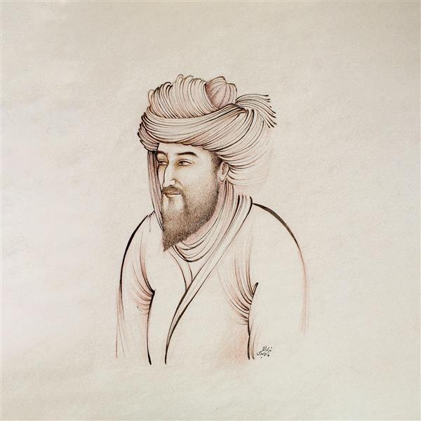 پرتره مرد با عمامه نگارگری ایرانی تکنیک مرکب نقاشی مینیاتور اثر مائده عبداللهی