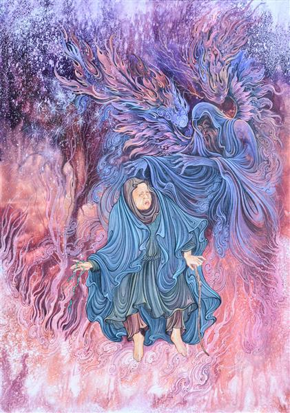 ملک الموت نقاشی مینیاتور و نگارگری فرشته مرگ عزرائیل در بالای سر پیرزن اثر میلاد مهتابیان پور