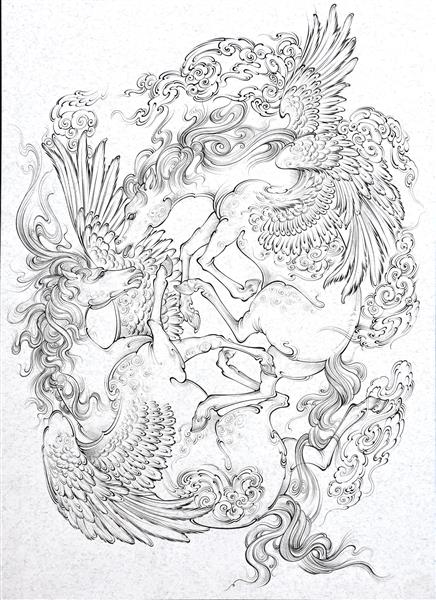 شیطان درون نقاشی مینیاتور و نگارگری مبارزه دو اسب بالدار اثر میلاد مهتابیان پور