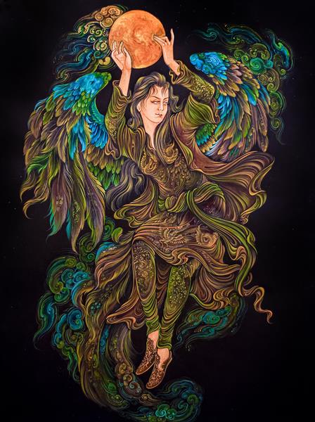 رقص شبانه نقاشی مینیاتور و نگارگری دختر زیبا با بالهای فرشته اثر میلاد مهتابیان پور