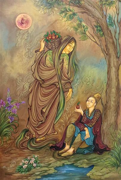 گاهی مهربانی زنی به گدایی سیب میدهد نقاشی مینیاتور و نگارگری اثر میلاد مهتابیان پور