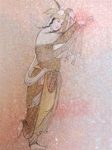 رقصنده نقاشی مینیاتور و نگارگری زن زیبا با حجاب در حال رقص اثر رضا مهدوی