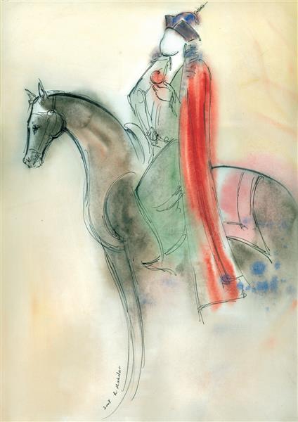 هدیه عشق نقاشی مینیاتور و نگارگری مرد مبارز با سیب سوار بر اسب اثر رضا مهدوی