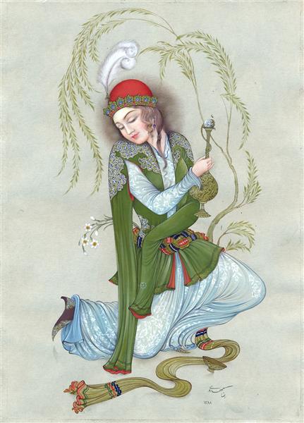بانوی صفوی نقاشی مینیاتور و نگارگری زن زیبا با جام و درخت اثر رضا مهدوی