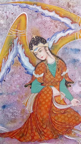 کرونا کووید 19 نقاشی مینیاتور و نگارگری فرشته با بالهای بسته نمای نزدیک از اثر رضا مهدوی