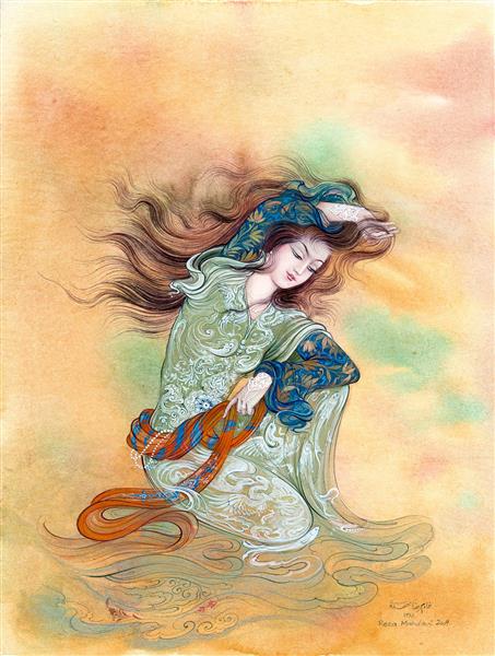 زلف بر باد مده نقاشی مینیاتور و نگارگری دختر زیبای ایرانی با موهای بلند اثر رضا مهدوی