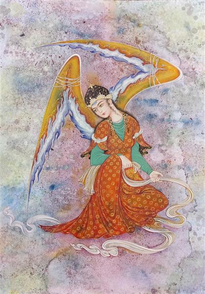 تابلو کرونا کووید 19 نقاشی مینیاتور و نگارگری فرشته با بالهای بسته اثر رضا مهدوی