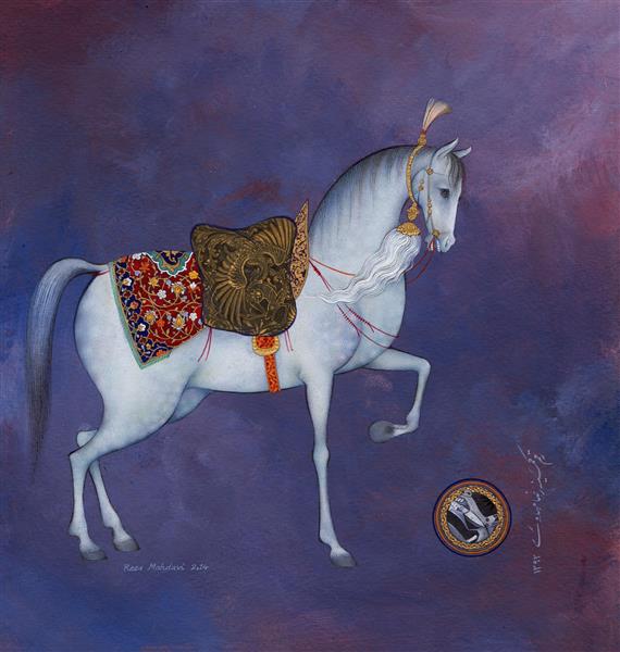 توسن خیال نقاشی مینیاتور و نگارگری اسب سفید با زین تذهیب اثر رضا مهدوی