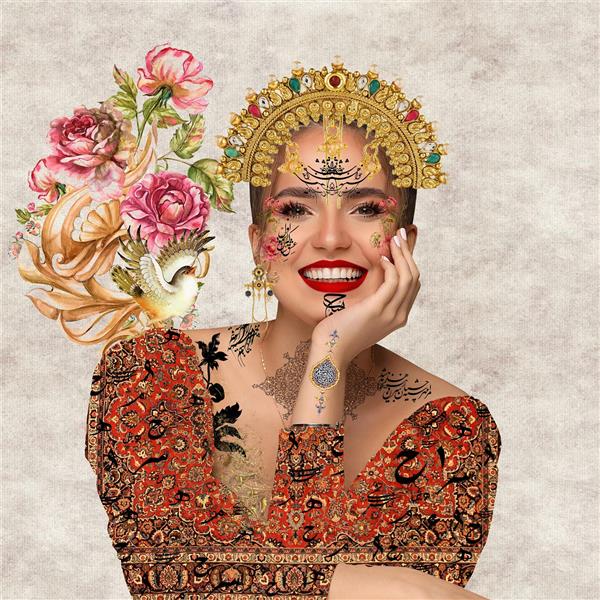 بانویی بالبخند زیبا و لباس سنتی وجواهرات الماسی دیجیتال آرت 